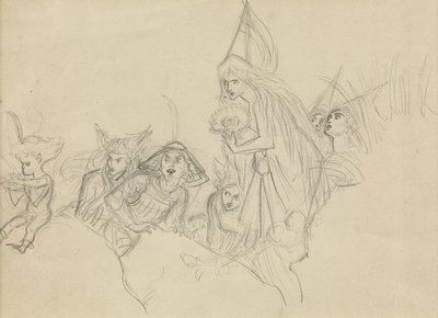 Medieval figures staring at an elf by Joseph Noel Paton